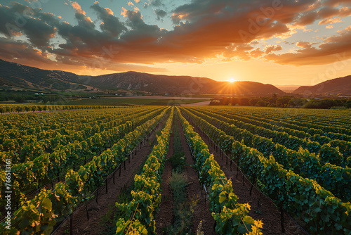 Vineyard at dusk with sun setting behind hills. Warm evening tones on wine-producing grapes. Scenic viticulture landscape photography. Design for tourism brochure, article backdrop