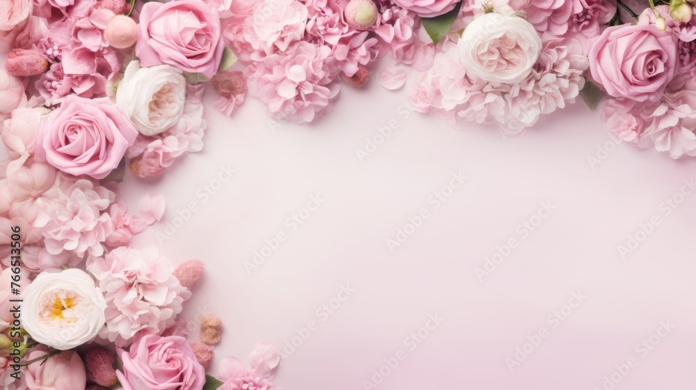 Pink and white roses frame on pink background. Mother's day. International Woman's Day. Happy Birthday. Anniversary. Wedding. Love, romance and romantic themes. 