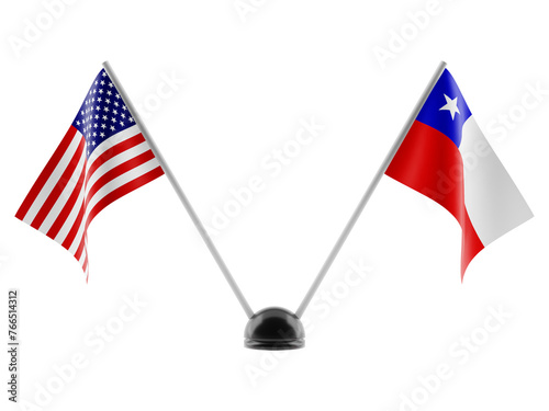 Stand with two national flags. Flags of USA and Chile. Isolated on a transparent background. 3d render