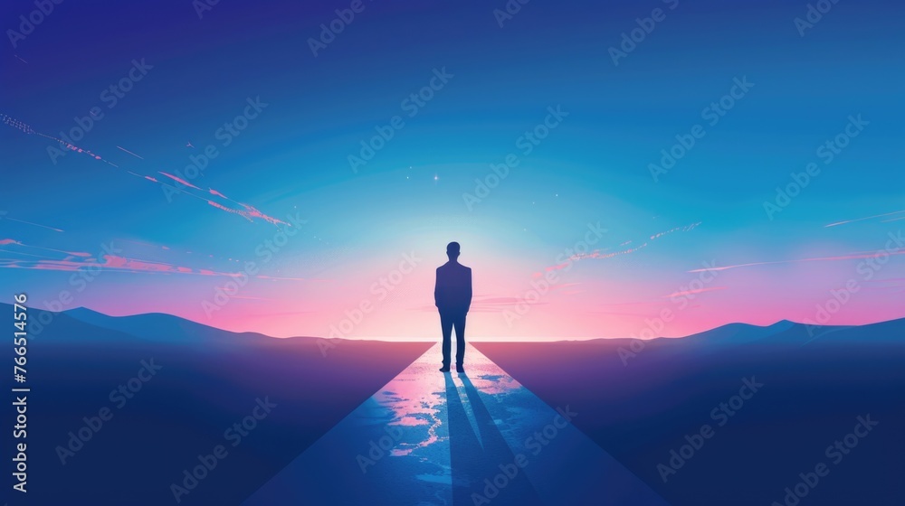 A man stands on a road in front of a beautiful sunset. The sky is a deep blue color with a pink hue, and the sun is setting in the distance. The man is looking off into the distance, lost in thought A man stands on a road in front of a beautiful sunset. The sky is a deep blue color with a pink hue, and the sun is setting in the distance. The man is looking off into the distance, lost in thought