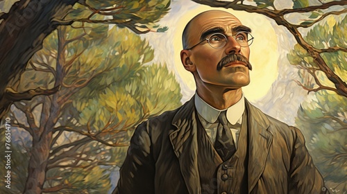 A man with a mustache and glasses is standing in a forest. The painting has a mood of contemplation and introspection