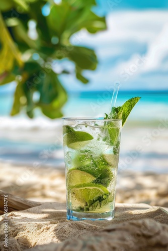 A glass of green drink with a lime slice on top is sitting on a beach. The drink is cold and refreshing, perfect for a hot day at the beach. The scene is relaxed and carefree