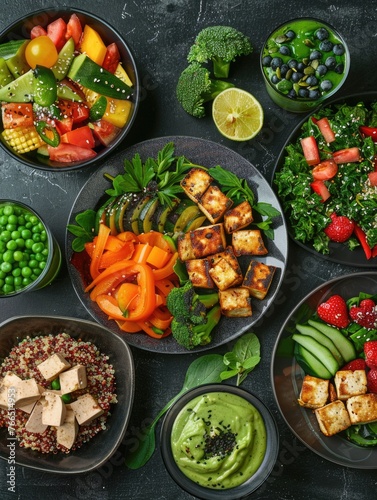 A variety of healthy food options are displayed on a table, including salads, vegetables, and fruits