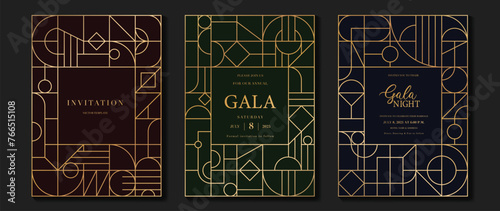 Luxury invitation card background vector. Elegant classic antique design, gold lines gradient on dark blue, green, brown background. Premium design illustration for gala card, grand opening, art deco.