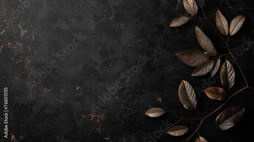 Copper-toned leaves artistically arranged on a dark backdrop.