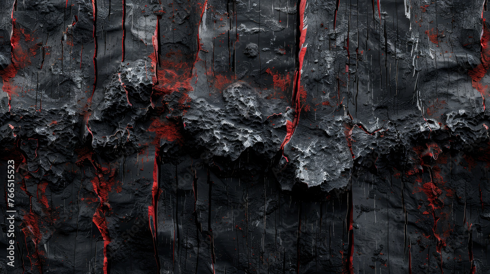 Red and black cracked rock texture with a lava-like appearance. - obrazy, fototapety, plakaty 