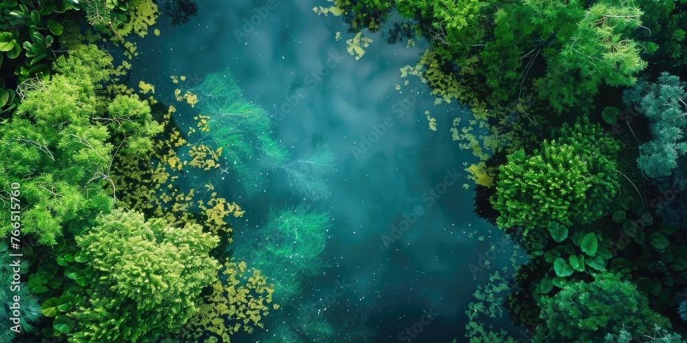 A lush green forest with a body of water in the middle. The water is clear and calm, and the trees are tall and leafy. The scene is peaceful and serene, with the water reflecting the trees and sky A lush green forest with a body of water in the middle. The water is clear and calm, and the trees are tall and leafy. The scene is peaceful and serene, with the water reflecting the trees and sky