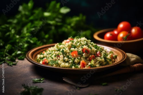 Tempting tabbouleh on a rustic plate against a chenille fabric background