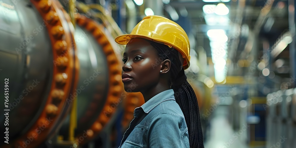 A Black woman factory worker examines pipe connections in a gas pipeline for plant energy. Concept factory worker, black woman, energy plant, gas pipeline, pipe connections
