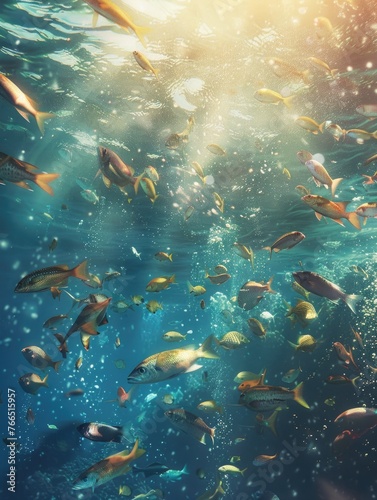 A large group of fish swimming in the ocean. The fish are of various sizes and colors, creating a vibrant and lively scene. The water appears to be clear and calm, allowing the fish to move freely