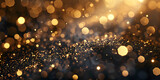 Abstract luxury gold background with gold particles. glitter vintage lights background. Christmas Golden light shine particles bokeh on dark background. Gold foil texture. Holiday. 