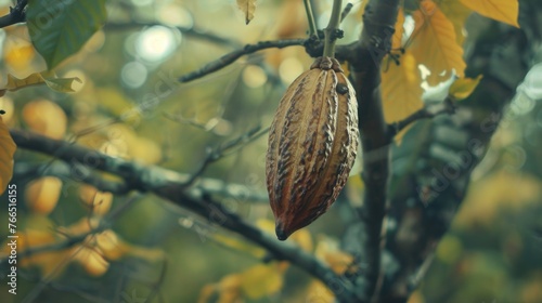 A large brown cocoa bean hanging from a tree. The tree is full of leaves and the cocoa bean is surrounded by them