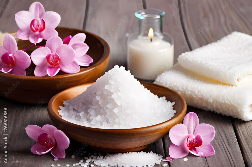 Bath salts, towels, candles, on a dark wood background. The concept of spa treatments and a healthy lifestyle. Bath salts, towels, candles, on a dark wood background. The concept of spa treatments and a healthy lifestyle.