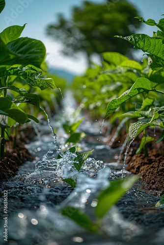 Irrigation water flowing through farm crop rows with mountain backdrop. Agriculture and farming concept for banner, poster. Landscape view with copy space