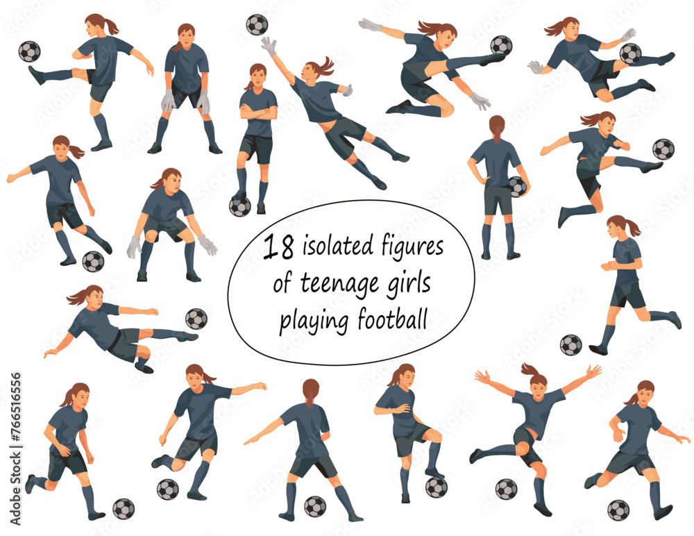 18 isolated figures of teenager girls playing women's football in black shirts standing in the goal, running, hitting the ball, jumping, dribbling