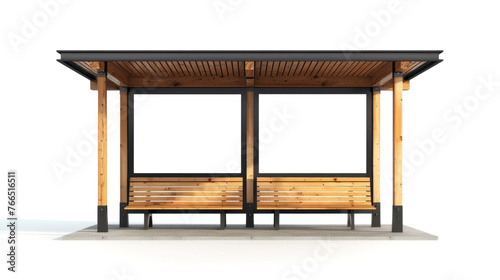 A wooden covered shelter with two benches and a window. The bench is empty. The shelter is on a white background