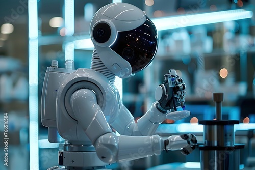3D rendering of white humanoid robot holding and looking at medical equipment on hand, futuristic device for data collection in the laboratory of artificial intelligence, medical technology concept photo
