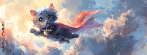 illustration of baby cute cat wearing red cloak flying on the sky