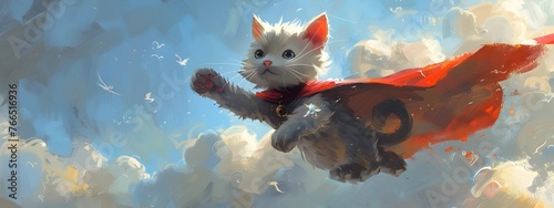 illustration of baby cute cat wearing red cloak flying on the sky