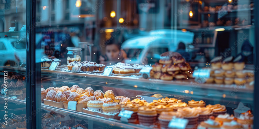 A bakery window display with a variety of pastries and cakes. Scene is inviting and delicious