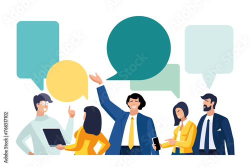 Vector illustration, flat style, businessmen discuss social network, news, social networks, chat, dialogue speech bubbles. People, teamwork. find friends, mobile web graphics, paths.Business contract