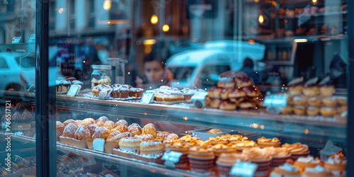 A bakery window display with a variety of pastries and cakes. Scene is inviting and delicious
