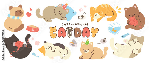 Fototapeta Naklejka Na Ścianę i Meble -  Cute cats and funny kitten doodle element vector. Happy international cat day characters design collection with flat color in different poses. Set of adorable pet animals isolated on white background.