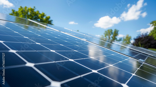 Close up portrait of solar panels array installed on roof top, sky and tree tops