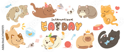Fototapeta Naklejka Na Ścianę i Meble -  Cute cats and funny kitten doodle element vector. Happy international cat day characters design collection with flat color in different poses. Set of adorable pet animals isolated on white background.