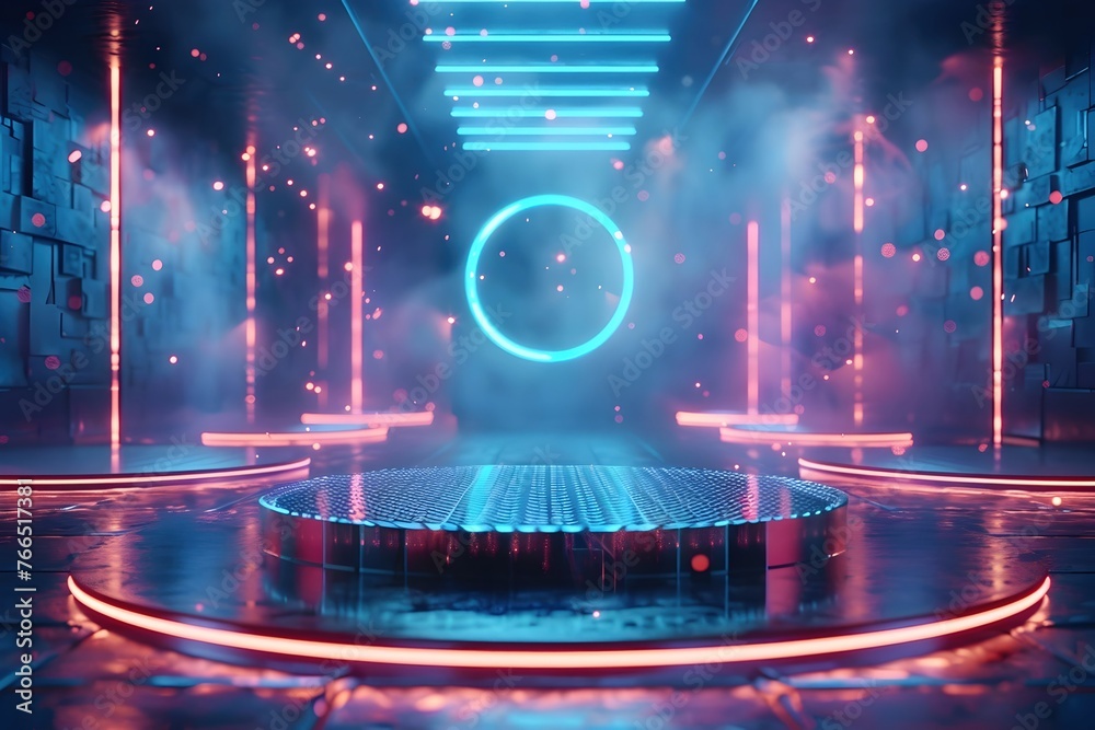 A 3D rendered image of a futuristic disco stage podium featuring neon lines and lights in a minimalist background with rounded shapes and colorful lighting
