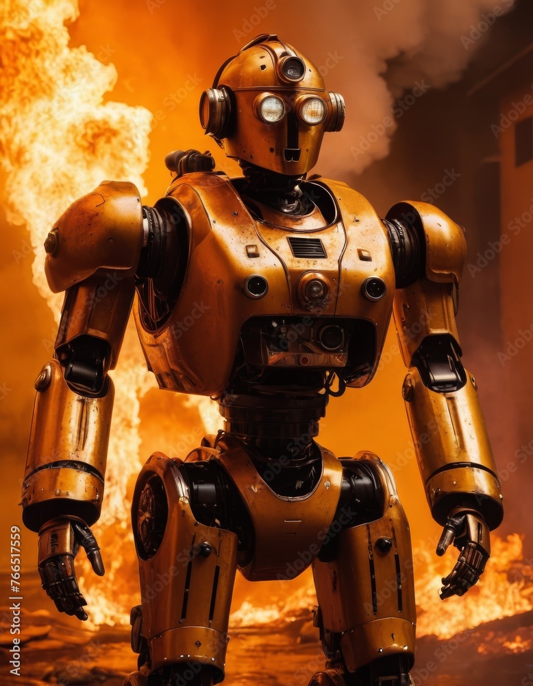 A striking image featuring a robot with a humanoid design standing against a dramatic backdrop of raging flames, suggestive of a narrative of survival or technological prowess.