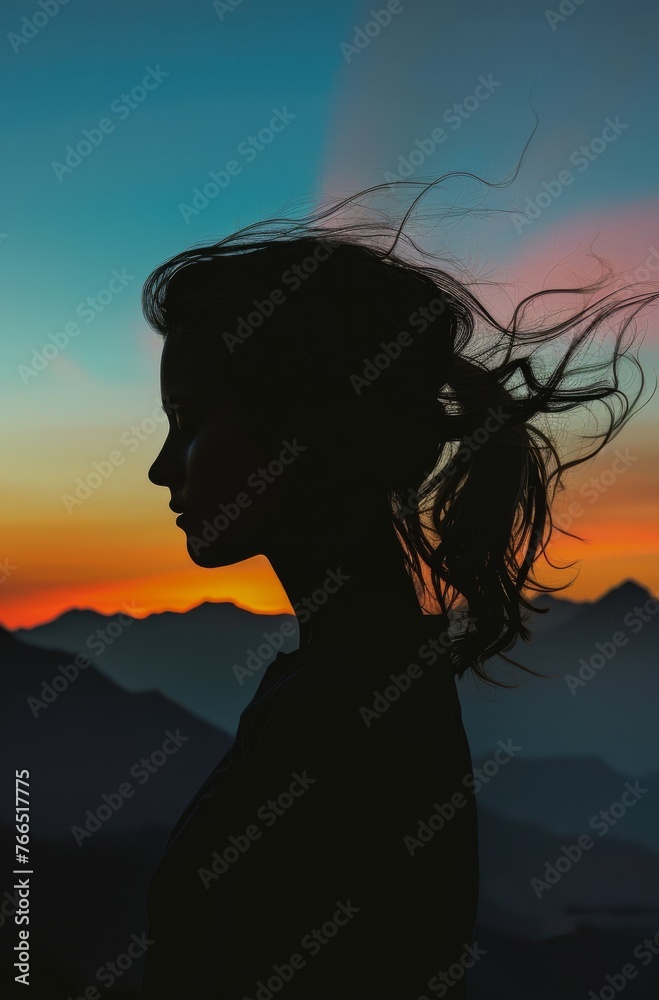 Woman Silhouetted Against Sky in Early Evening Twilight as the Wind Blows her Hair. Generative AI.
Woman Silhouetted Against Sky in Early Evening Twilight as the Wind Blows her Hair. Generative AI.