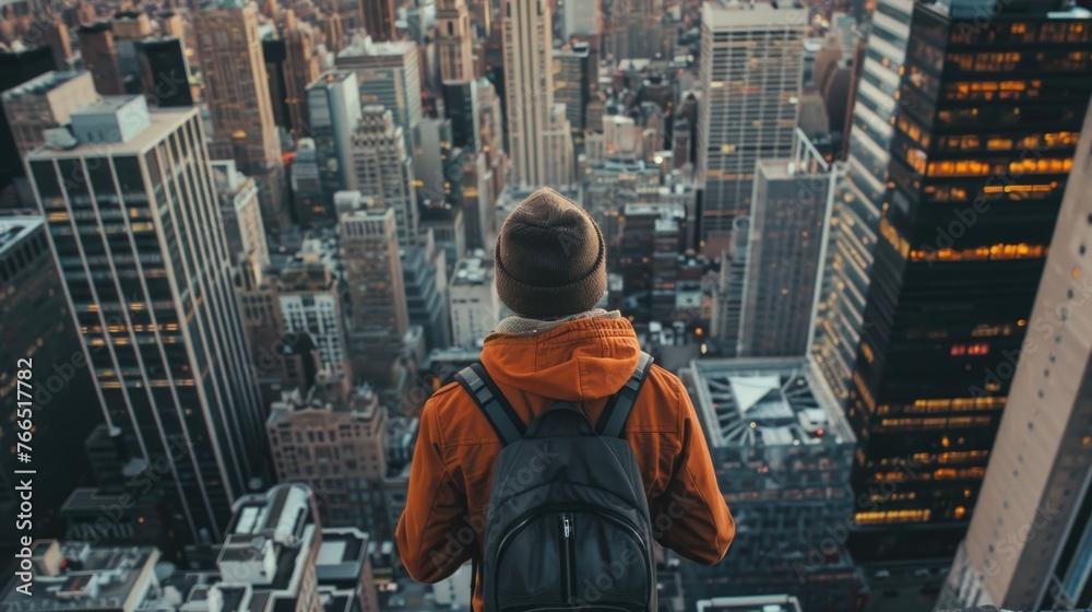 A man wearing a brown hat and orange jacket is standing on a rooftop in a city. He is looking out over the city with a backpack on his back. Concept of adventure and exploration