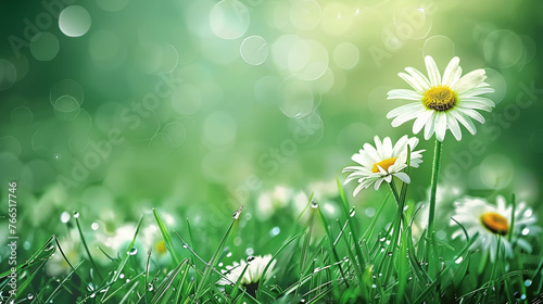 background with green bokeh an white magerite flowers