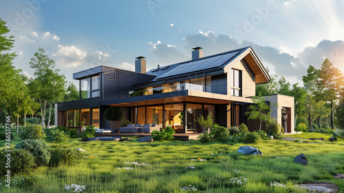 Solar panel installed modern luxury house vila in suburban area, 