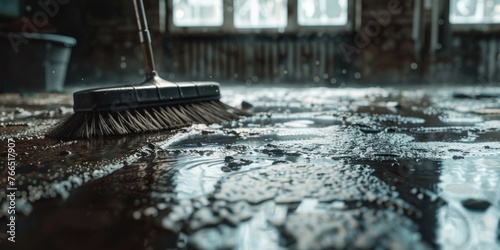 A dirty floor with a mop and a broom