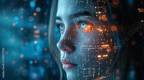 Close-up of a woman's face with digital code overlaying her features, merging human with virtual, in a dreamscape narrative. photo
