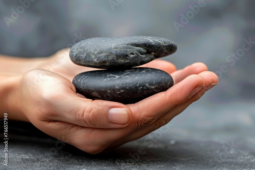 Balanced arrangement of black polished pebbles stacked on one another against a neutral gray backdrop, symbolizing harmony and serenity photo