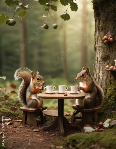 Two squirrels partake in a quaint tea party, complete with miniature cups and a table, set against the enchanting backdrop of a forest, invoking a fairytale-like charm. photo