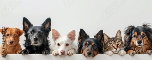 The picture of front view and close up of the multiple group of the various cat and dog in front of the bright white background that look back to the camera with the curious and interest face. AIGX03.