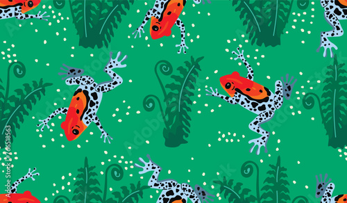 Wild animal seamless pattern with forest fern and poison frog.Background with woodland plant and bright spotted character.Vector design for printing on fabric and paper,endless wallpaper,cover.