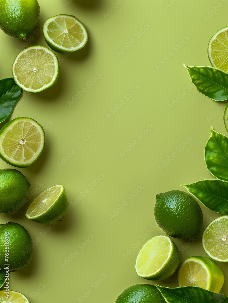 Whole and sliced limes with leaves on a lime green background.
