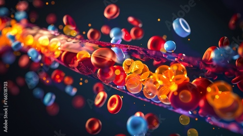 Depict the transportation of fat-soluble vitamins through the bloodstream via lipoproteins in an X-ray style.