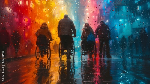 Silhouettes of people walking on a wet city street, vivid colors reflecting on the ground from a rain-streaked glass surface, creating a tapestry of light in the rain
