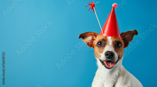 Cute dog celebrating with red pary hat photo