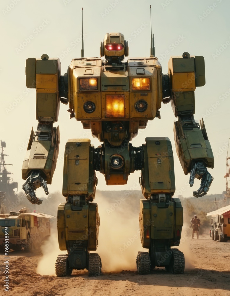 A large, yellow autonomous robot stands tall in a desert, exuding power and futuristic technology amid a dusty atmosphere