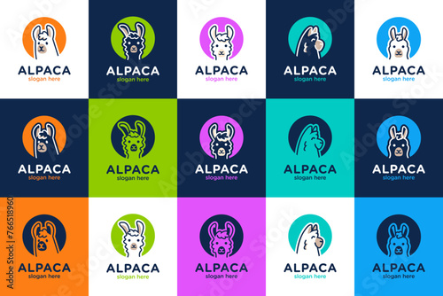 collection of funny animal, head alpaca , cartoon , logo design template.