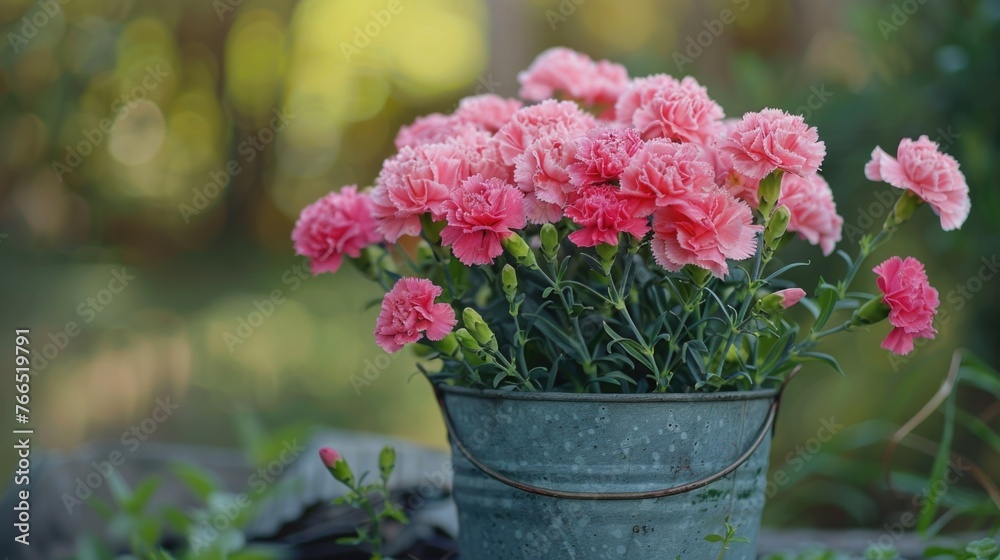 A bucket filled with pink flowers is placed on a rock. The flowers are arranged in a way that they are all facing the same direction. The bucket is made of metal and has a rustic appearance