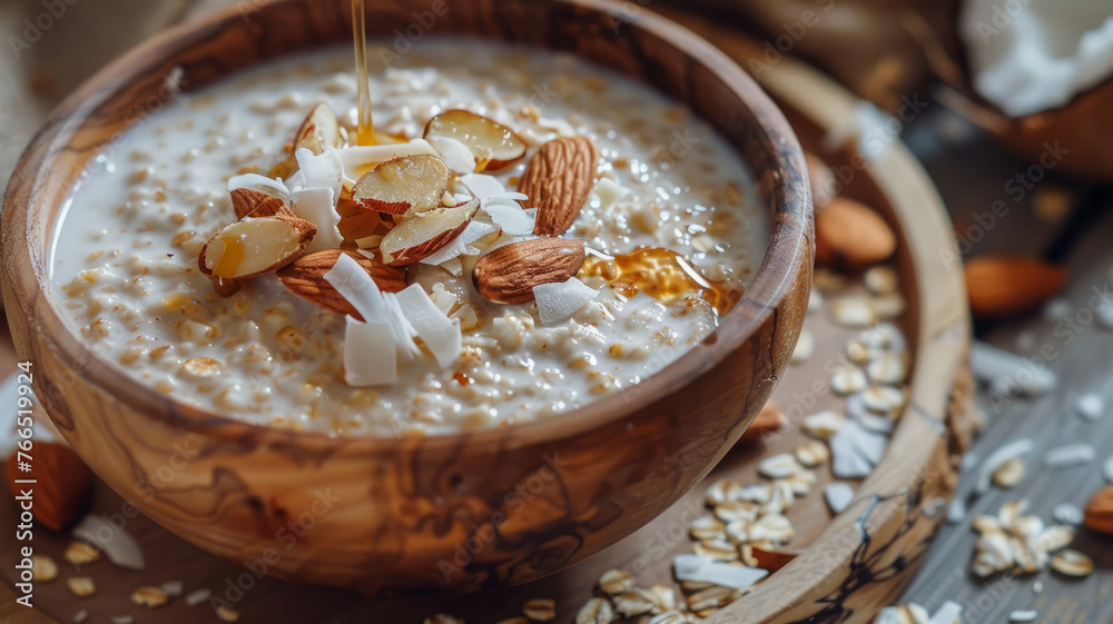 Wooden bowl of oatmeal with almonds and honey Wooden bowl of oatmeal with almonds and honey