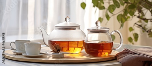 A tea set made of Keemun plant is placed on a wooden tray atop a table. The tableware includes drinkware and serveware for liquid ingredients photo